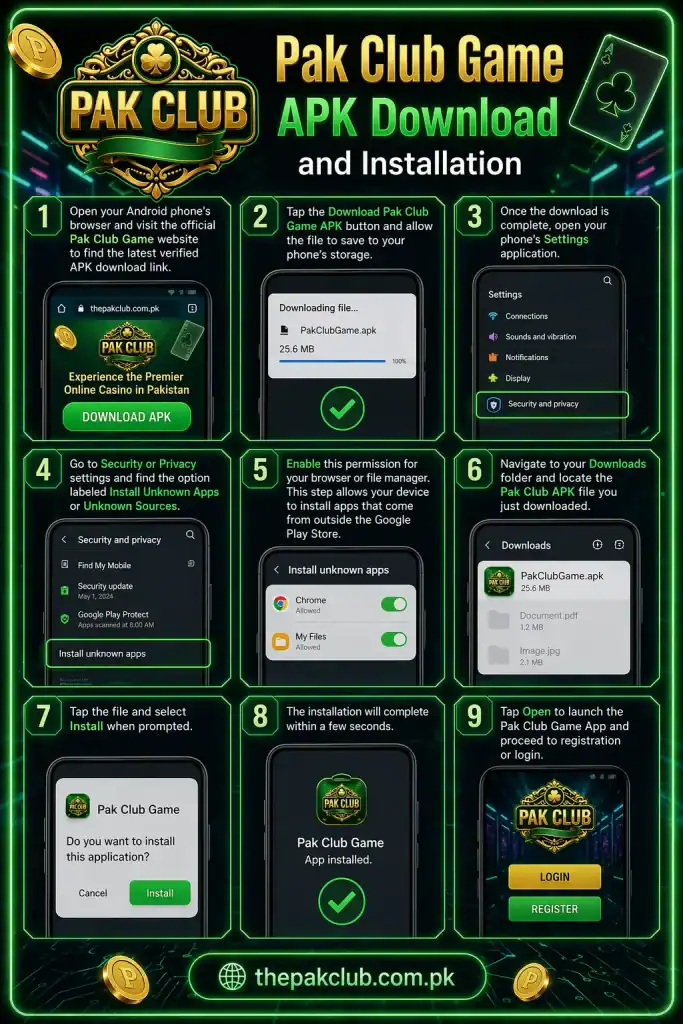 Pak Club Game APK download for Android devices, secure installation, and registration guide.
