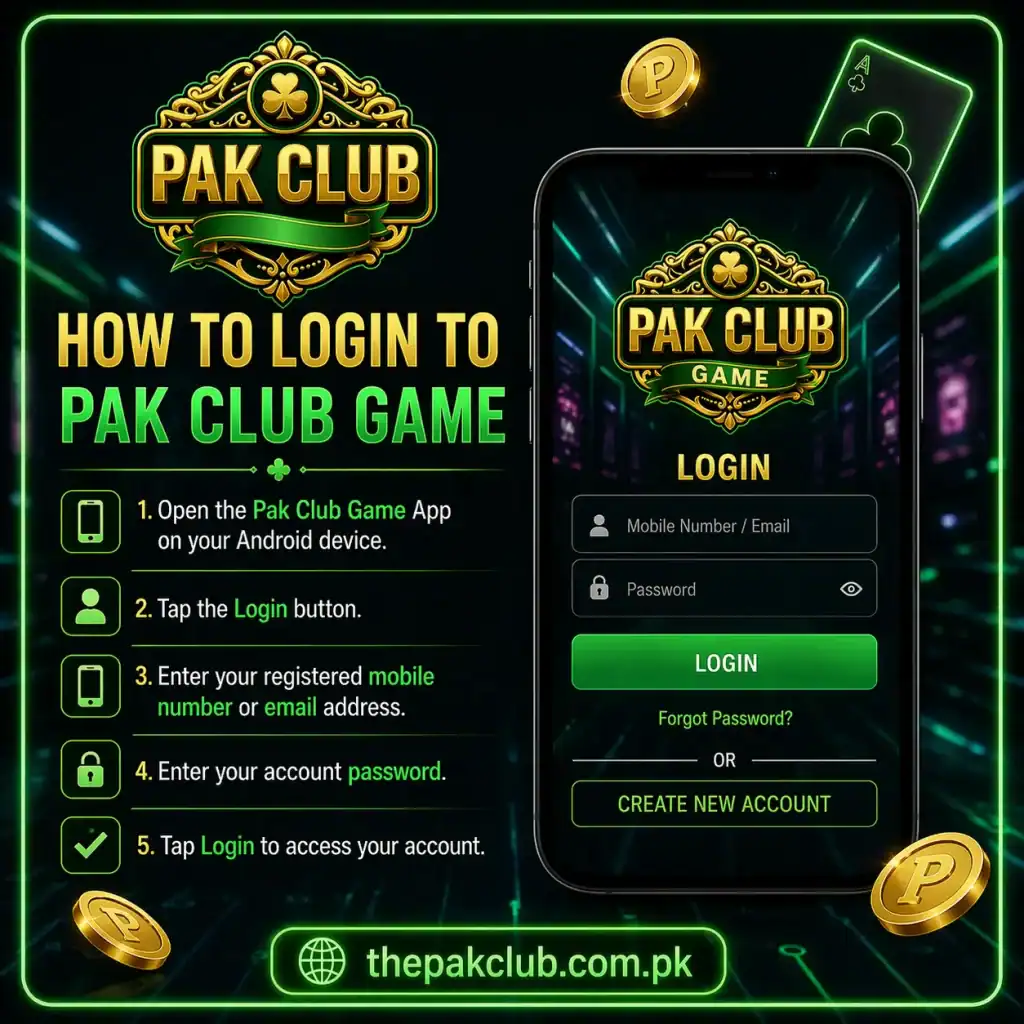Pak Club Game login interface with app instructions and registration options.
