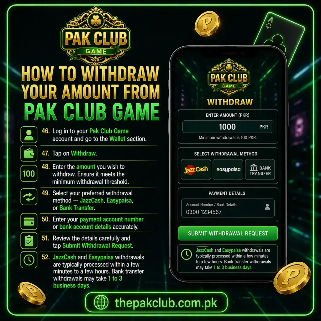 Step-by-step guide to withdraw funds from Pak Club Game app on mobile.