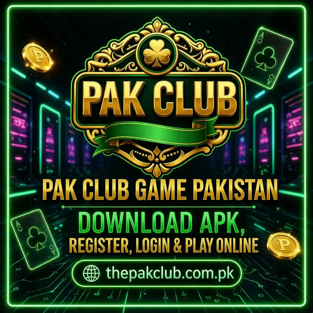 Pak Club Game Pakistan logo with neon lights, promoting online registration and gameplay.