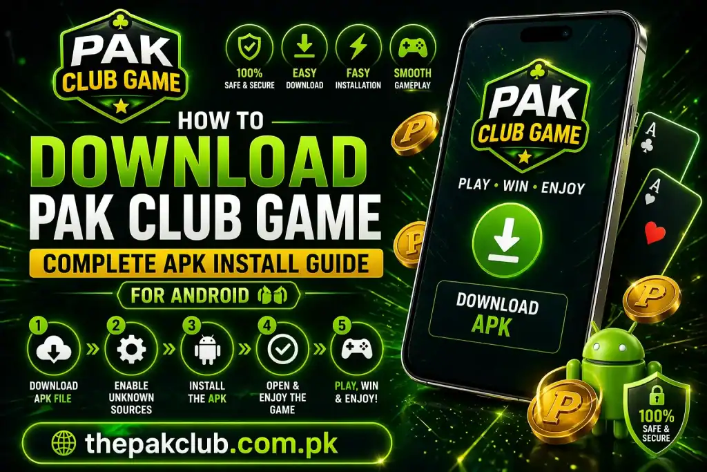 Pak Club Game app download banner with Android device and game icons.