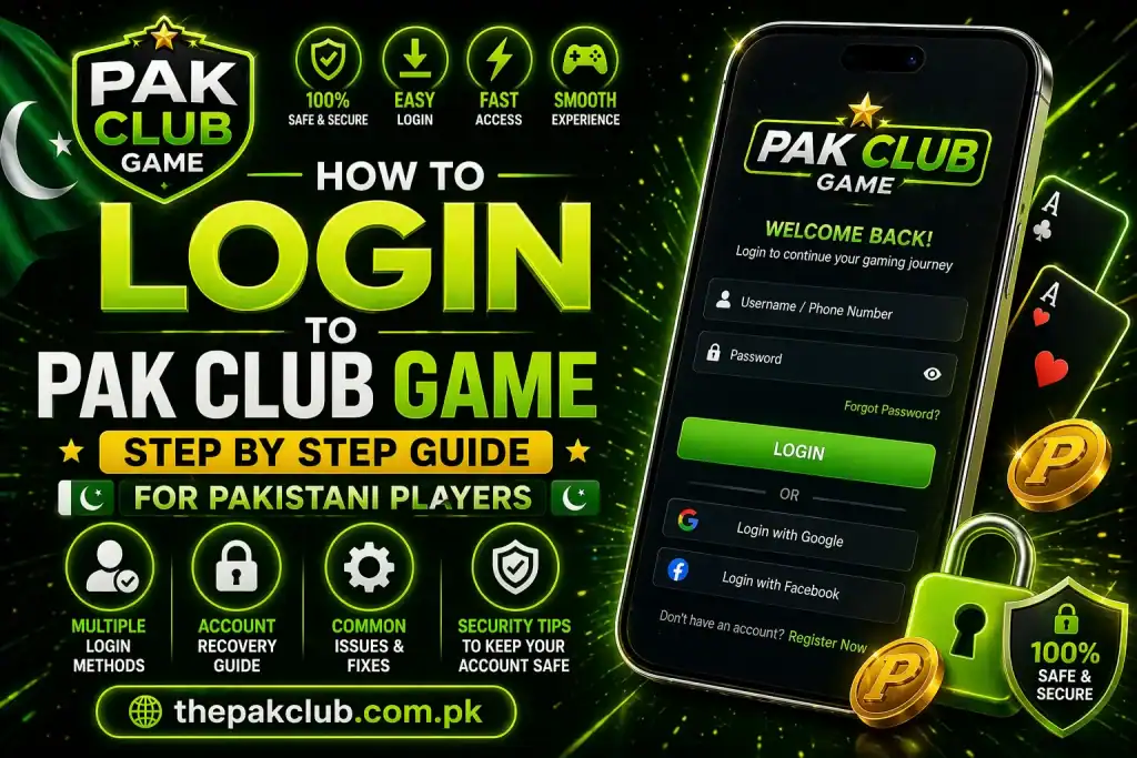 Pak Club Game login screen with username and password fields.