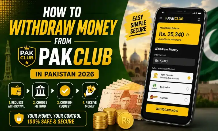 Pak Club mobile app showing easy and secure money withdrawal process in Pakistan 2026.
